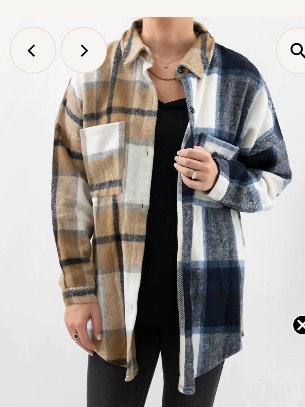 DAVI & DANI Two-Tone Plaid Shacket in Navy & Camel